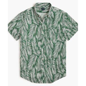 J. Crew BN317 Green White Leaf Print Linen Cotton Button Front Short Sleeve Top